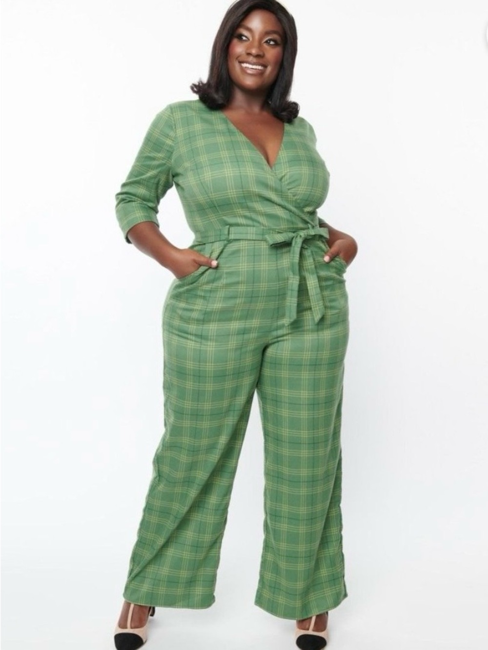 Collectif Green Plaid Wrap Jumpsuit with Tie Belt